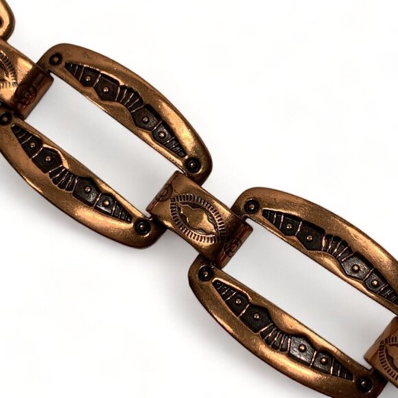 Vintage Solid Copper & Etched Enamel Chainlink Bracelet Southwest Design 8”L - Picture 3 of 9